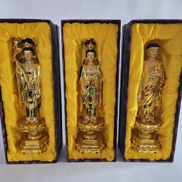 Rare Gorgeous Bronze Gilt Buddha Statue Set of 3 - Picture 2 of 10